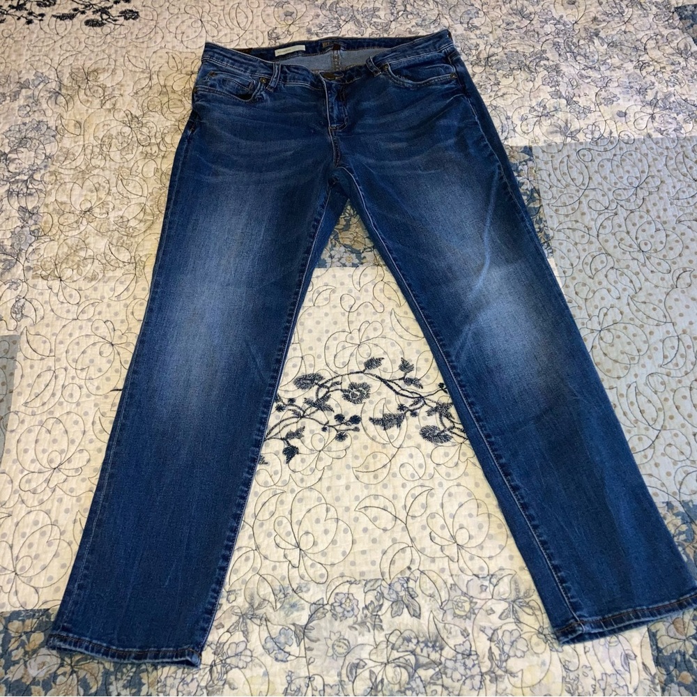 Kut From the Kloth Boyfriend Blue Jeans Logo Buttons Embroidered Brand 10P